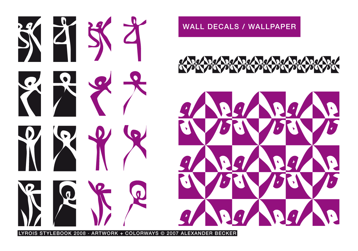 Lyrois: Stylebook S/S 2008: Exploring space: Wall decals in human sizes and wallpapers featuring miniature patterns. Big-size shapes mounted to the edges of rooms, tiny ones on the planes of small objects.
