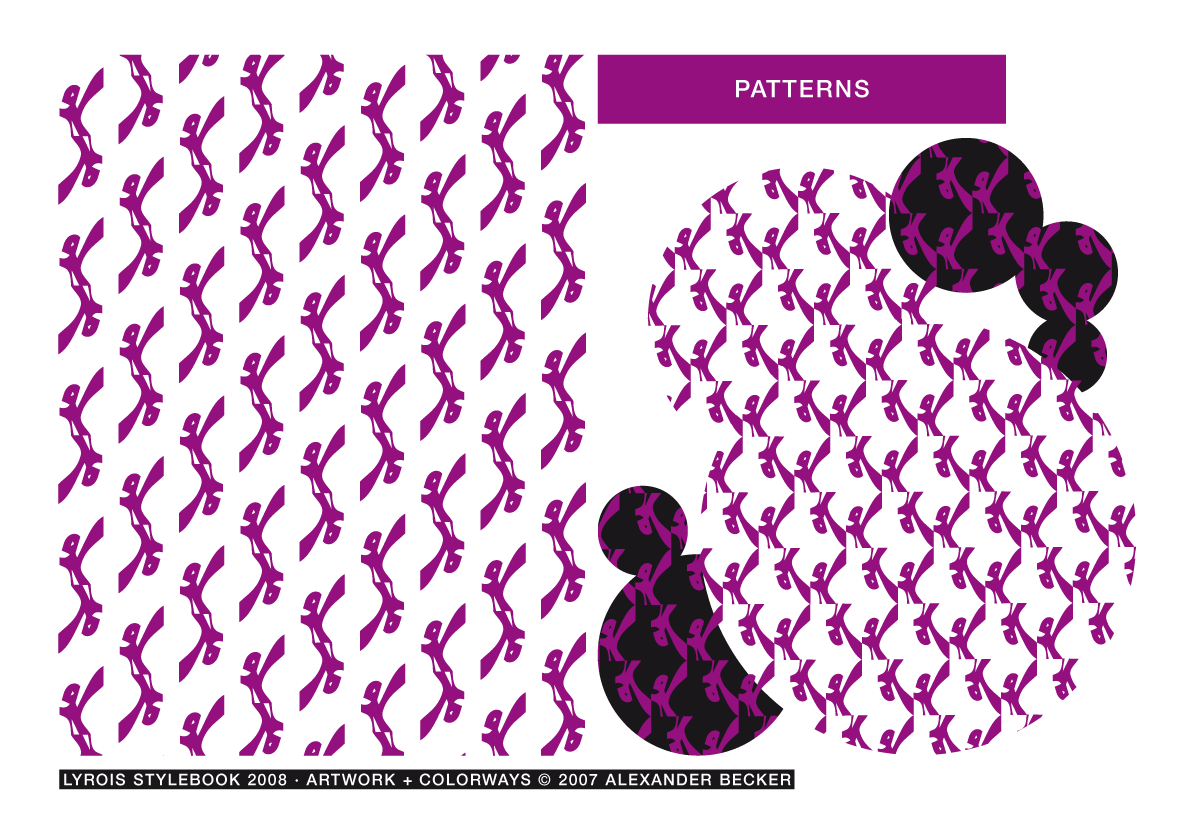 Lyrois: Stylebook S/S 2008: Fabrics: Purple patterns printed on white and black fleece.