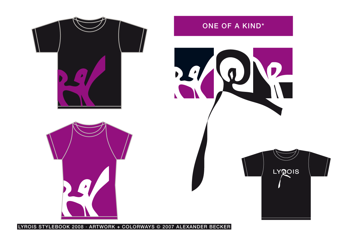 Lyrois: Stylebook S/S 2008: Tees and limited edition prints: 3-color-graphics and one-of-a-kind shirts featuring the dancer's logo.